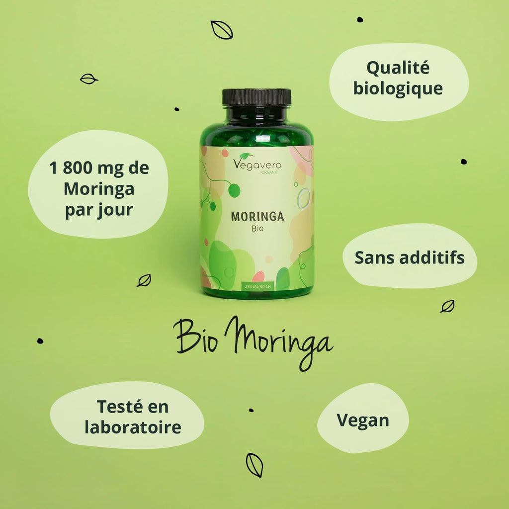 Moringa BIO 1800 Mg | 270 Gélules Vegan | SUPERFOOD : Multivitamines Et Minéraux Naturels | Antioxydant + Energie | SANS ADDITIFS | ®